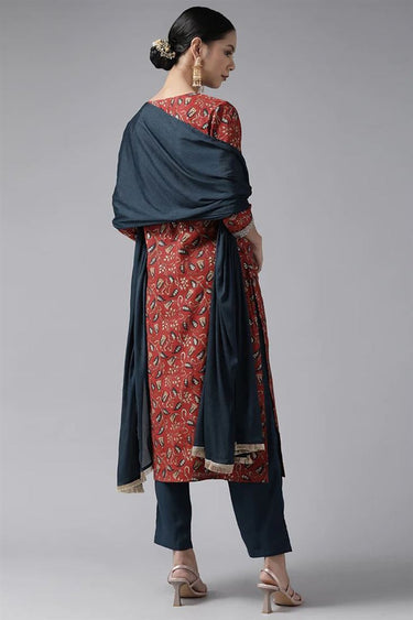 Muslin Fabric Vintage Embroidered Top Bottom Dupatta Set In Maroon Color