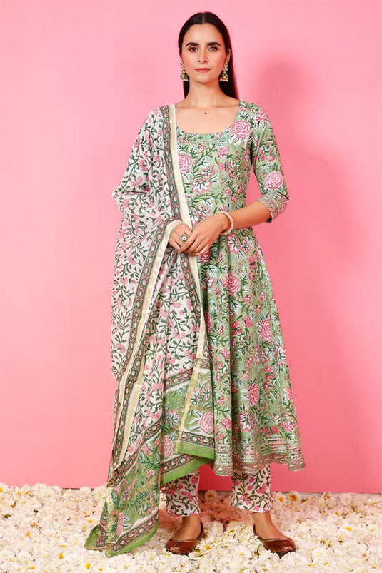 Classic Sea Green Color Printed Top Bottom Dupatta Set In Cotton Fabric