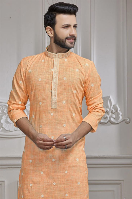 Captivating Cotton Fabric Embroidered Orange Color Kurta Pyjama