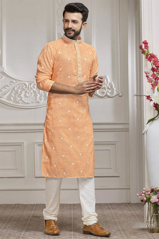 Captivating Cotton Fabric Embroidered Orange Color Kurta Pyjama