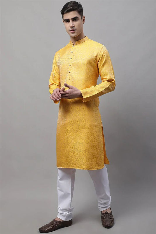 Fascinate Cotton Fabric Festival Wear Kurta Pyjama For Men In Yellow Color