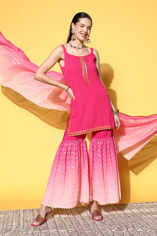 Exclusive Pink Color Crepe Fabric Festive Wear Printed Top With Bottom Dupatta Set