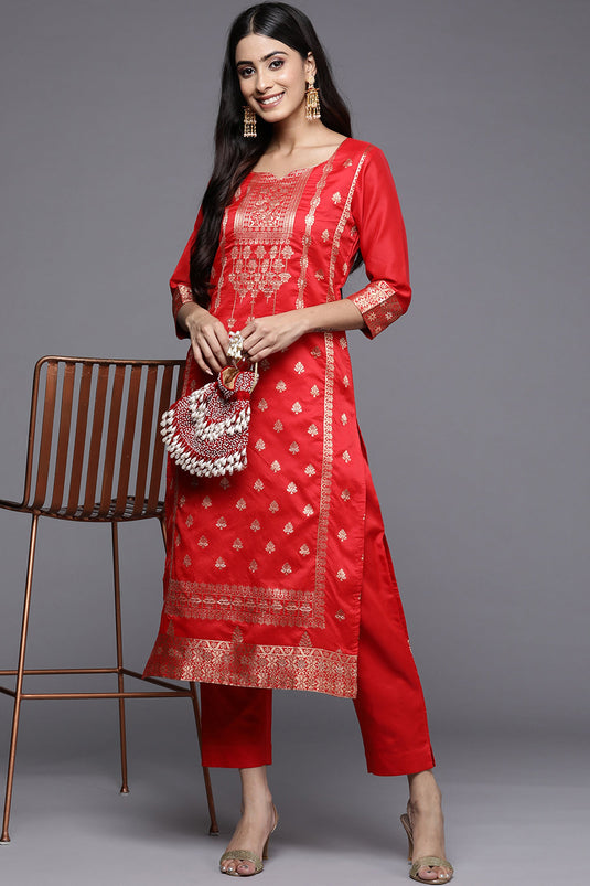 Exclusive Red Color Jacquard Fabric Function Woven Work Top With Bottom Set