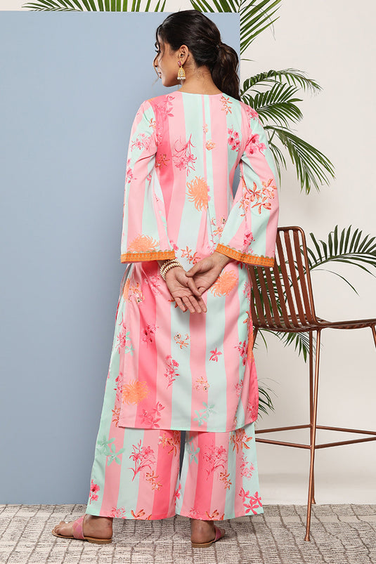 Exclusive Pink Color Crepe Fabric Casual Wear Printed Readymade Top With Bottom Set