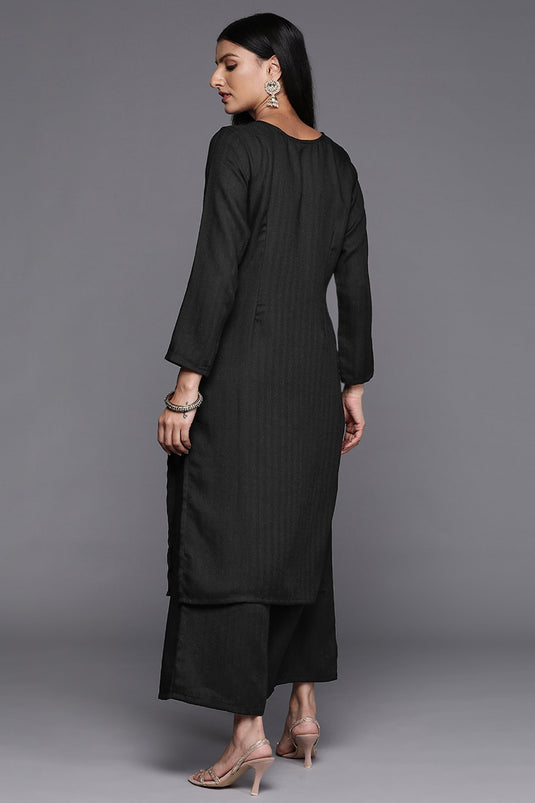 Exclusive Black Color Pashmina Fabric Daily Wear Embroidered Work Readymade Top With Bottom Set