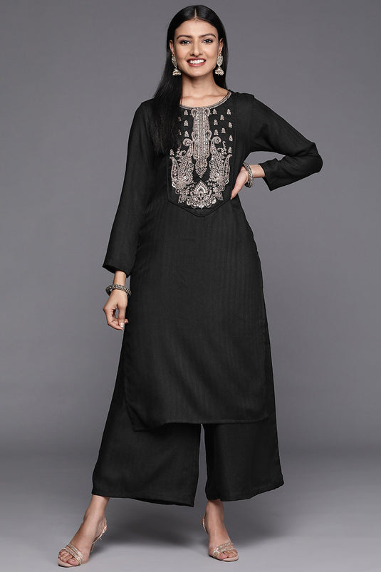 Exclusive Black Color Pashmina Fabric Daily Wear Embroidered Work Readymade Top With Bottom Set