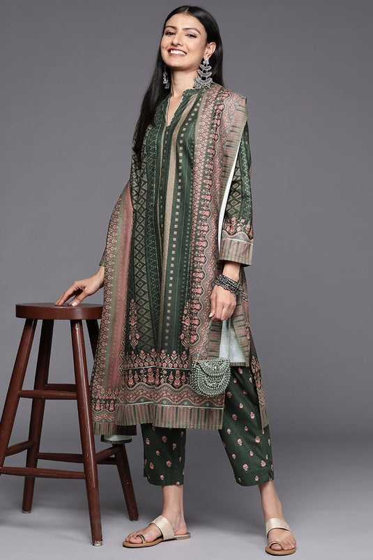 Exclusive Green Color Velvet Fabric Casual Wear Printed Readymade Top With Bottom Dupatta Set