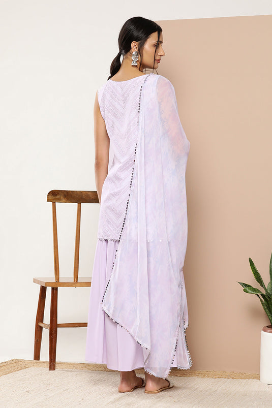 Exclusive Lavender Color Crepe Fabric Function Wear Printed Readymade Top With Bottom Dupatta Set