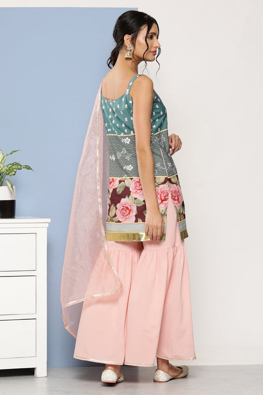 Exclusive Multi Color Crepe Fabric Casual Wear Printed Readymade Top With Bottom Dupatta Set