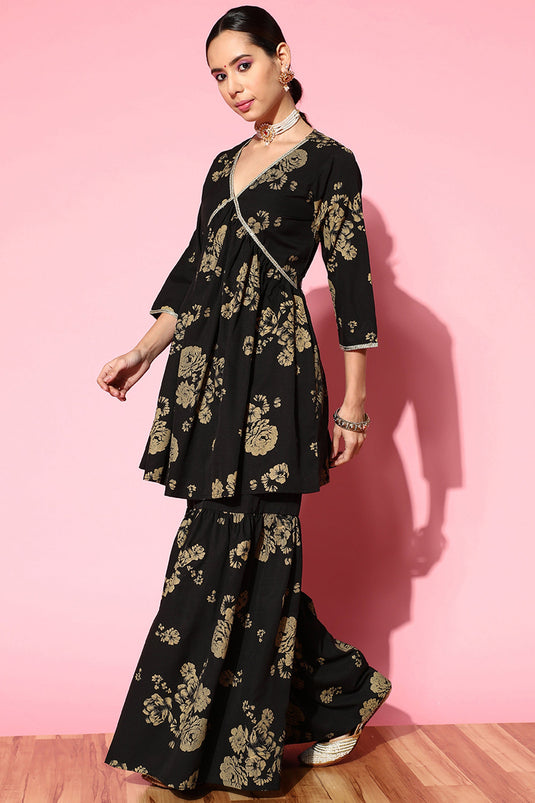 Exclusive Black Color Crepe Fabric Festive Wear Printed Readymade Top With Bottom Set