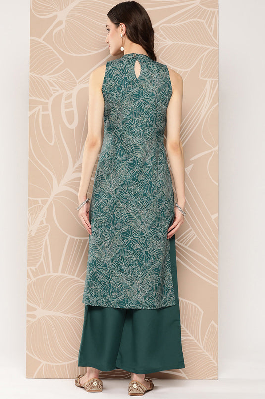 Exclusive Dark Green Crepe Fabric Festive Wear Floral Printed Readymade Top With Bottom Set