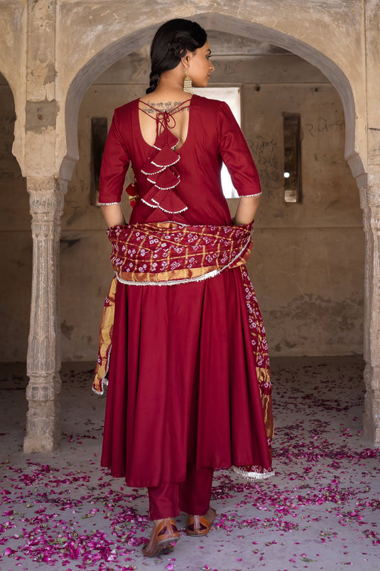 Exclusive Maroon Color Rayon Fabric Bandej Print Readymade Top With Bottom Dupatta Set