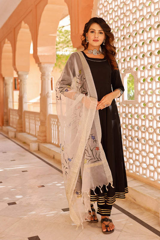 Exclusive Black Color Rayon Fabric Hand Printed Readymade Top With Bottom Dupatta Set