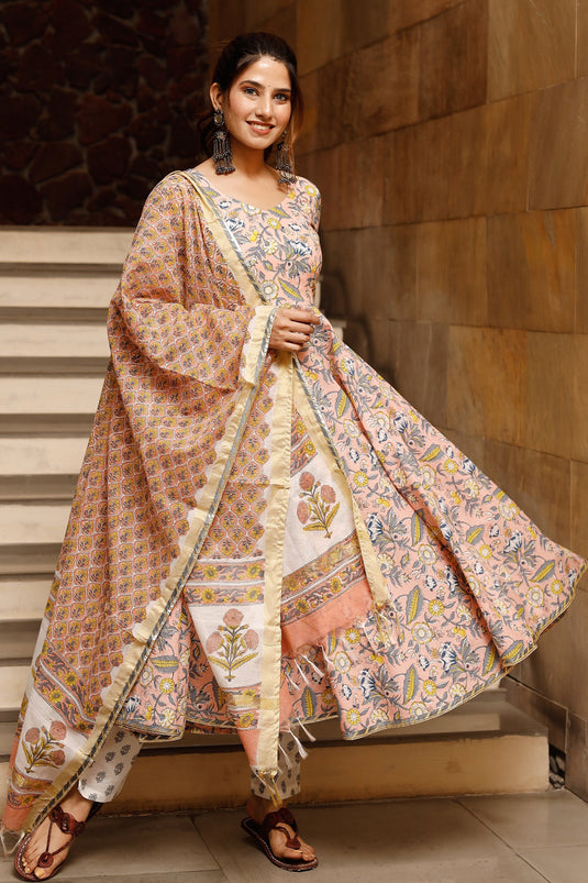 Exclusive Peach Color Cotton Fabric Floral Hand Block Printed Readymade Top With Bottom Dupatta Set