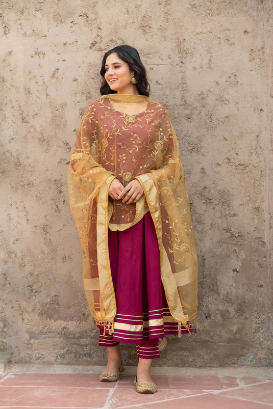 Exclusive Magenta Color Rayon Fabric Fancy Self Work Readymade Top With Bottom Dupatta Set