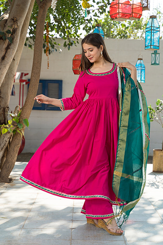 Exclusive Pink Color Cotton Fabric Gota Pati Work Readymade Top With Bottom Dupatta Set