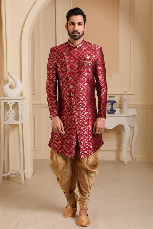 Maroon Color Jacquard Silk Fabric Wedding Wear Readymade Indo Western For Men