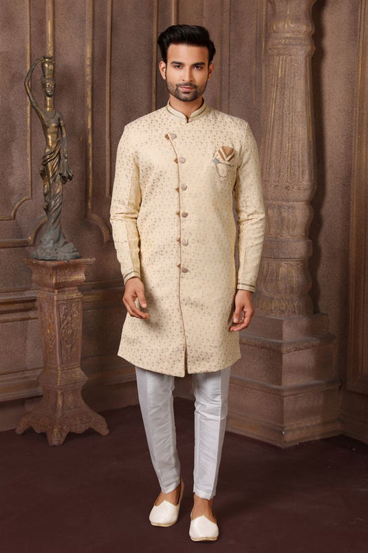 Beige Color Jacquard Silk Wedding Wear Readymade Indo Western For Men