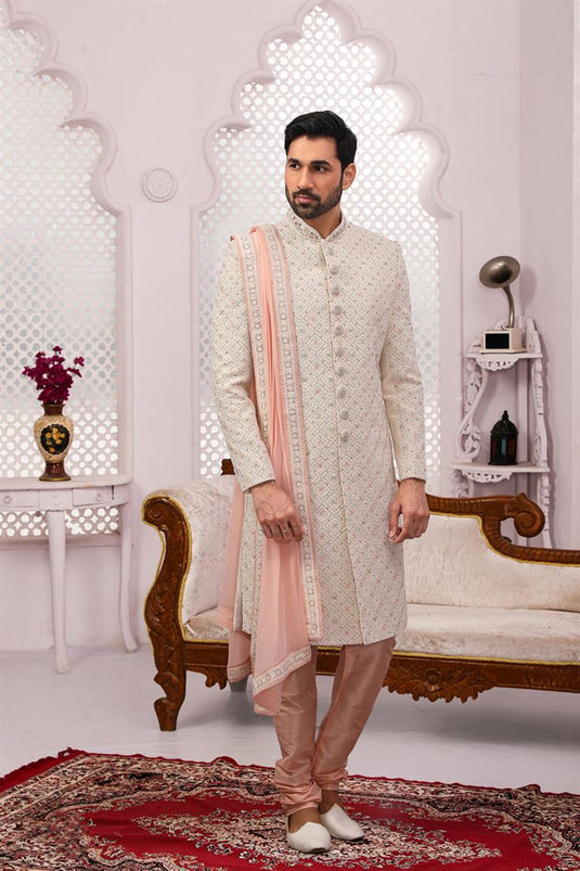 Enriching Cream Color Fancy Fabric Designer Groom Sherwani For Men