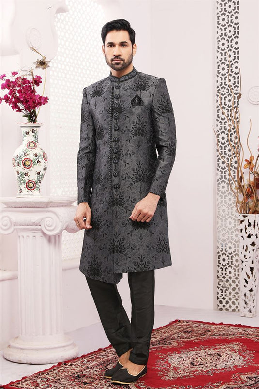 Lovely Grey Color Banarasi Silk Fabric Embroidered Work Wedding Function Readymade Designer Indo Western For Men
