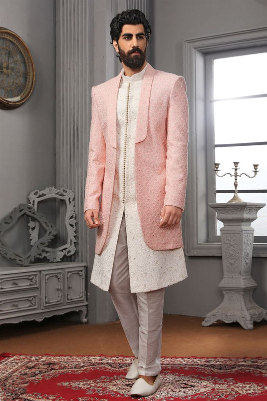 Alluring Pink Color Fancy Fabric Embroidered Work Wedding Function Readymade Designer Indo Western For Men