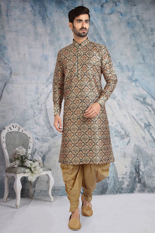 Beige Color Art Silk Fabric Printed Kurta Pyjama In Sangeet Wear