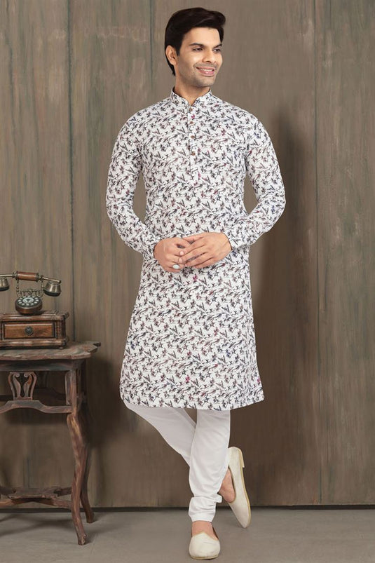 Alluring Cotton Fabric Off White Color Sangeet Wear Printed Kurta Pyjama