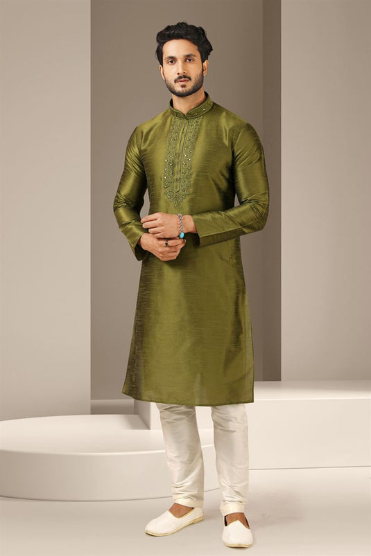 Appealing Green Color Banarasi Art Silk Fabric Function Wear Readymade Kurta Pyjama For Men