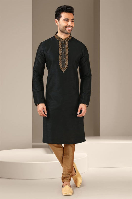 Black Color Banarasi Art Silk Fabric Function Wear Fancy Readymade Kurta Pyjama For Men