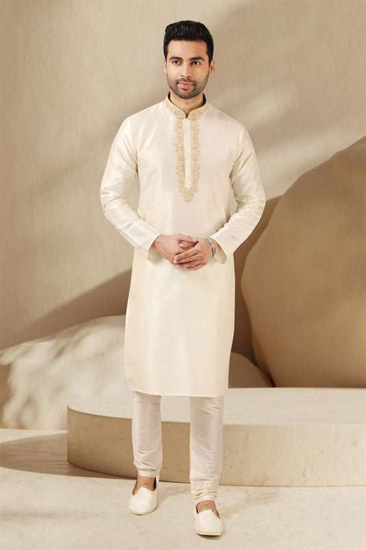 Appealing Cream Color Banarasi Art Silk Fabric Reception Wear Readymade Kurta Pyjama For Men