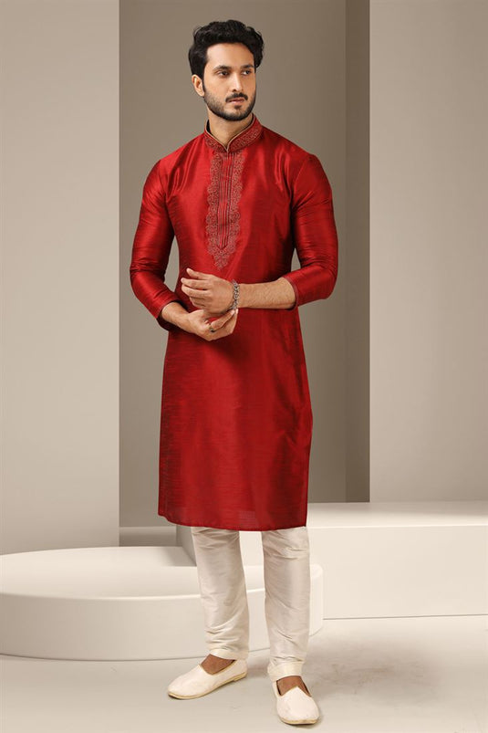 Captivating Red Color Banarasi Art Silk Fabric Festive Wear Readymade Kurta Pyjama For Men