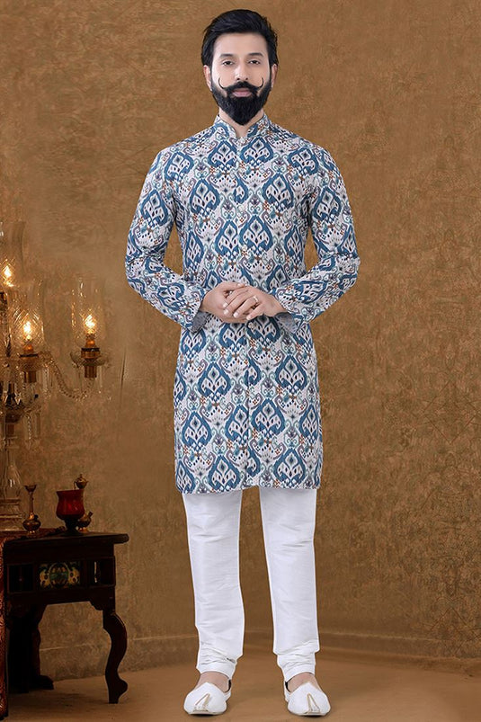 Cotton Fabric Sangeet Wear Vintage Kurta Pyjama In Teal Color