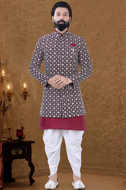 Maroon Color Cotton Fabric Sangeet Wear Miraculous Kurta Pyjama