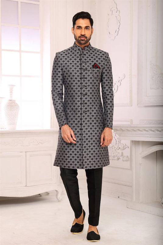 Attractive Grey Color Indo Western For Men In Brocade Fabric