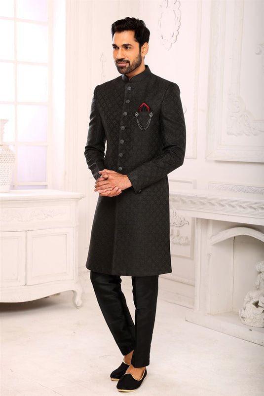 Splendiferous Black Color Brocade Fabric Indo Western For Men