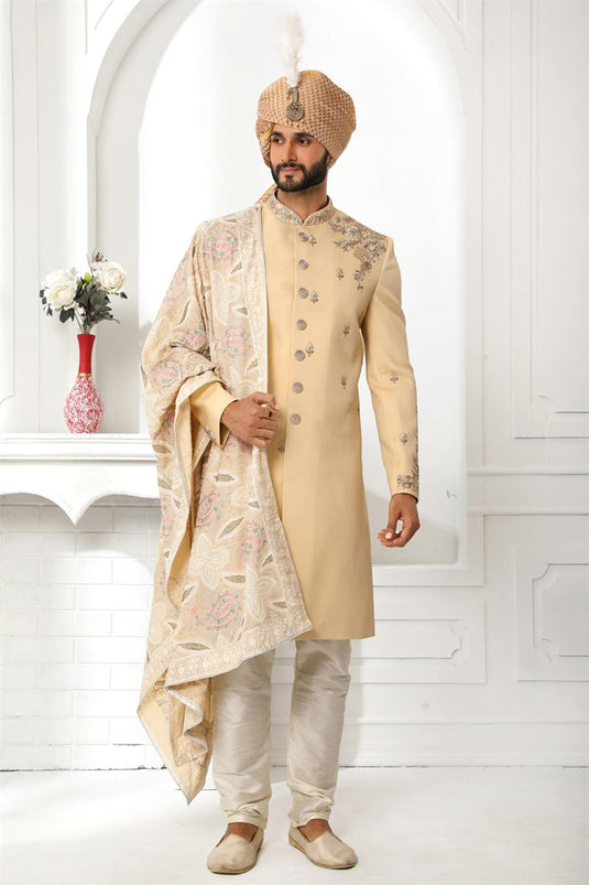 Beige Silk Fabric Wedding Wear Trendy Readymade Sherwani For Men With Stole