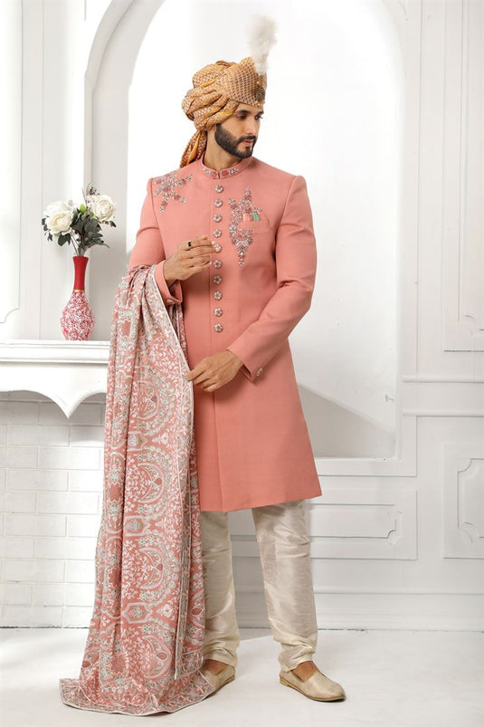 Pink Gorgeous Silk Fabric Wedding Wear Readymade Sherwani For Men With Stole
