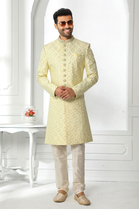 Yellow Silk Fabric Magnificent Readymade Men Sherwani For Wedding Wear