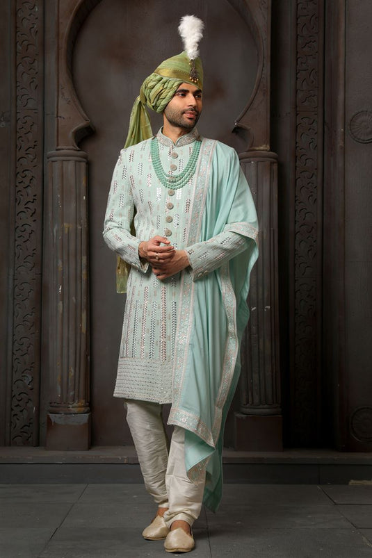 Georgette Fabric Light Cyan Color Wedding Wear Readymade Men Stylish Groom Sherwani