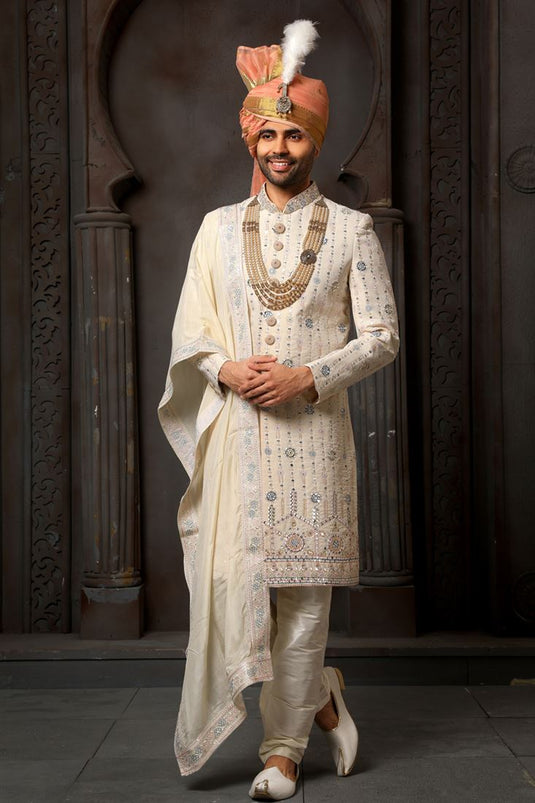 Georgette Cream Color Wedding Wear Readymade Designer Men Groom Sherwani