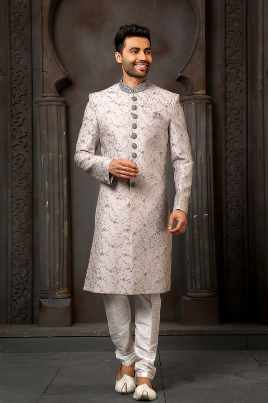 Beautiful Grey Color Wedding Wear Readymade Groom Sherwani For Men In Silk Fabric