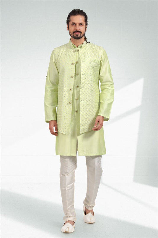 Art Silk Fabric Reception Wear Readymade Kurta Pyjama For Men With Nehru Jacket