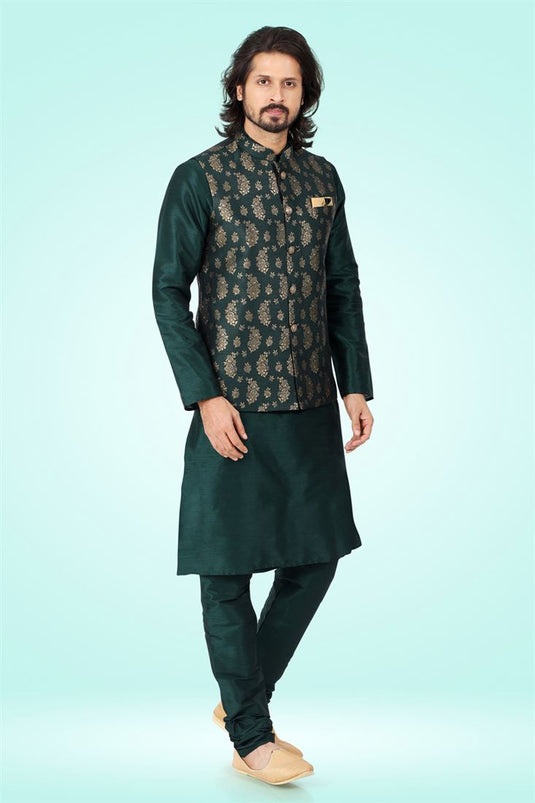 Reception Wear Readymade Green Color Jacquard Silk Fabric Beautiful Kurta Pyjama For Men With 3 Pcs Jacket Set
