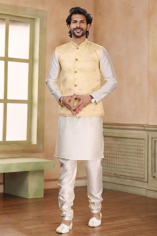 Fancy Beige Color Jacquard Art Silk Fabric Readymade Kurta Pyjama For Men With Modi Jacket Set