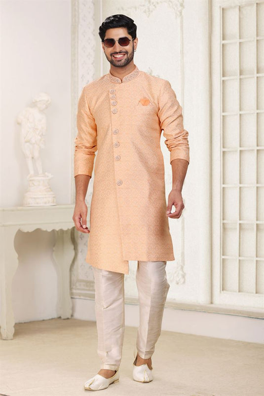 Peach Color Jacquard Fabric Readymade Indo Western For Men