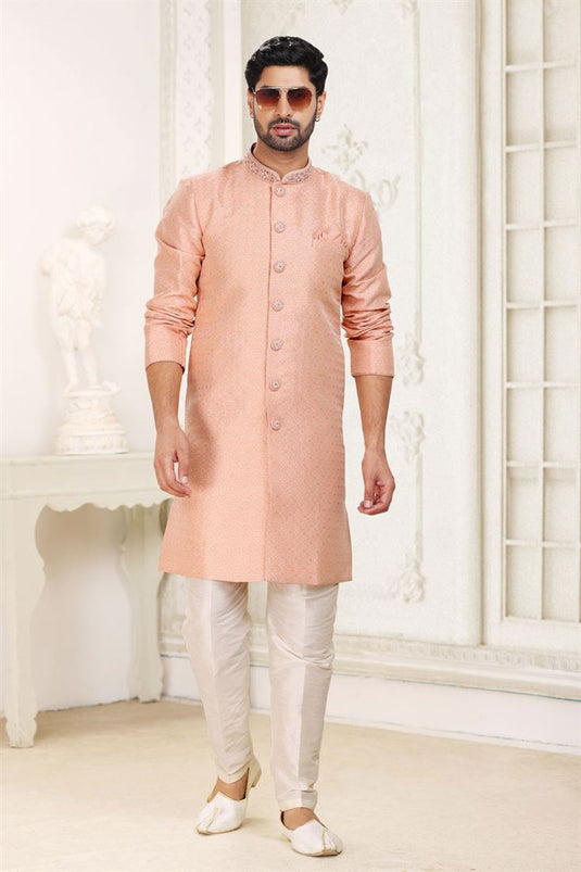 Jacquard Pink Color Readymade Designer Men Indo Western