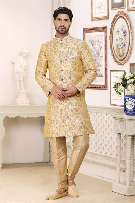 Jacquard Cream Readymade Lovely Indo Western For Men