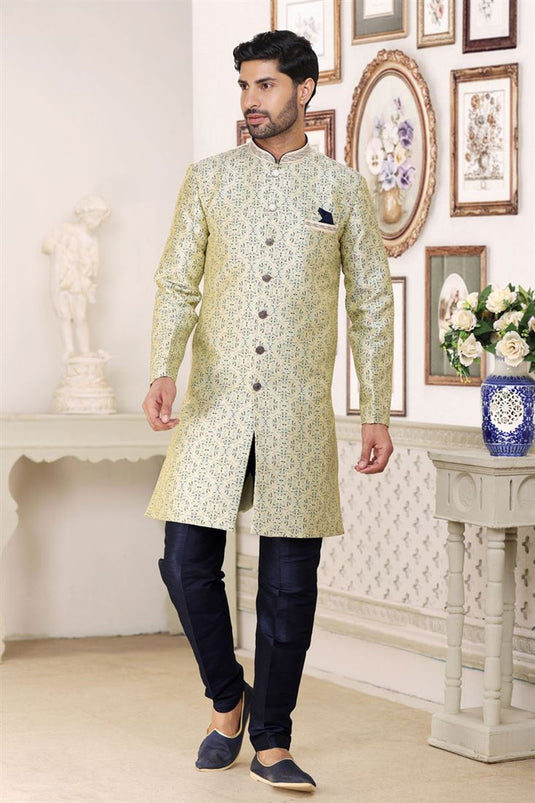 Pretty Jacquard Fabric Readymade Men Indo Western In Beige Color