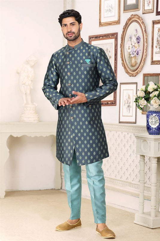 Jacquard Attractive Readymade Men Indo Western In Navy Blue Color