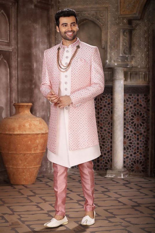 Art Silk Fabric Pink Color Readymade Men Stylish Indo Western